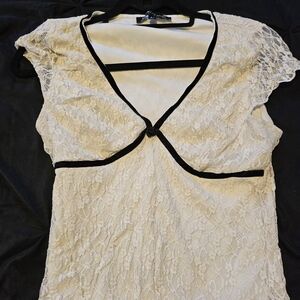 Lace V-Neck Top with Black Trim